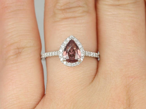 1.01ct Ready to Ship Tabitha 14ktWhite Gold Rustic Cinnamon Wine Red Sapphire Diamonds Dainty Pear Halo Ring - Rosados Box