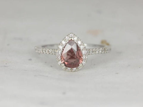 1.01ct Ready to Ship Tabitha 14ktWhite Gold Rustic Cinnamon Wine Red Sapphire Diamonds Dainty Pear Halo Ring - Rosados Box