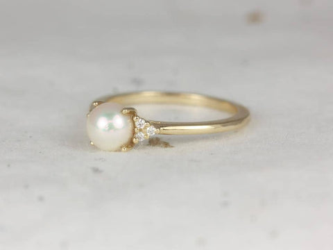 Ready to Ship Mio 6mm 14kt Yellow Gold Pearl Sapphire Dainty Cluster 3 Stone Ring,June Birthstone Gift,Promise Ring,Anniversary Ring