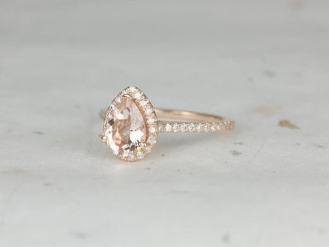 Tabitha 8x6mm 14kt Rose Gold Morganite Diamond Dainty Pave Pear Halo Ring,Pear Morganite Engagement Ring,Morganite Halo Ring - Rosados Box