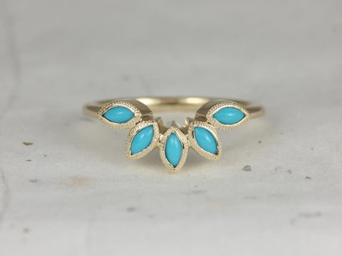 Ready to Ship Petunia 14kt Yellow Gold Marquise Turquoise Leaves WITH Milgrain Tiara Nesting Ring - Rosados Box