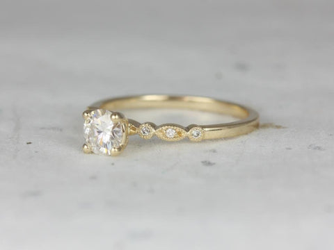 0.50ct Ready to Ship Gale 5mm 14kt Moissanite Diamonds WITH Milgrain Round Solitaire Ring - Rosados Box