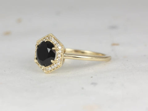 Willis 7mm 14kt Gold Black Onyx Diamond WITH Milgrain Art Deco Hexagon Halo Ring,Unique Onyx Ring,December Birthstone