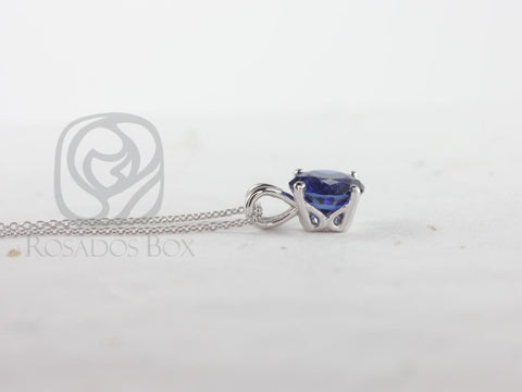 Rosados Box Donna 8mm 14kt White Gold Round Blue Sapphire Leaf Gallery Basket Solitaire Necklace - Rosados Box