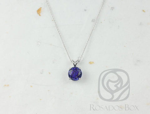 Rosados Box Donna 8mm 14kt White Gold Round Blue Sapphire Leaf Gallery Basket Solitaire Necklace - Rosados Box