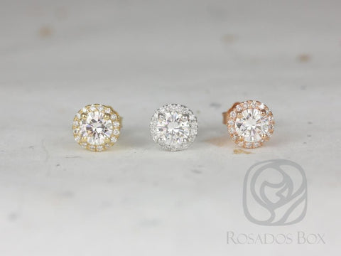 SALE Ready to Ship Gemma 5mm 14kt ROSE Gold Round Forever Brilliant Moissanite Diamonds Halo Stud Earrings - Rosados Box