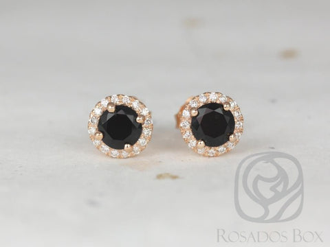 Ready to Ship Gemma 5mm 14kt Rose Gold Round Black Onyx and Diamonds Halo Stud Earrings - Rosados Box