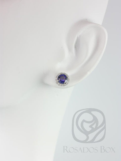 Ready to Ship Gemma 5mm 14kt White Gold Blue Sapphire and Diamonds Halo Stud Earrings - Rosados Box