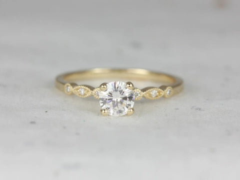 0.50ct Ready to Ship Gale 5mm 14kt Moissanite Diamonds WITH Milgrain Round Solitaire Ring - Rosados Box