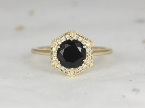 Willis 7mm 14kt Gold Black Onyx Diamond WITH Milgrain Art Deco Hexagon Halo Ring,Unique Onyx Ring,December Birthstone