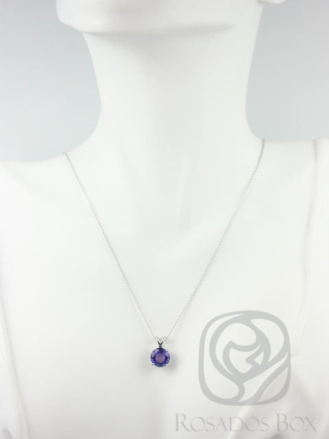 Rosados Box Donna 8mm 14kt White Gold Round Blue Sapphire Leaf Gallery Basket Solitaire Necklace - Rosados Box