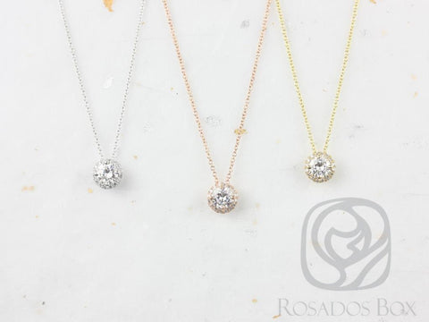 0.50ct Ready to Ship Gemma 5mm 14kt WHITE Gold Round Moissanite Diamonds Halo Floating Necklace - Rosados Box