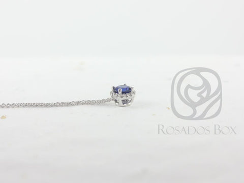 Gemma 5mm 14kt Gold Blue Sapphire and Diamonds Round Halo Floating Necklace - Rosados Box