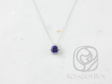 Gemma 5mm 14kt Gold Blue Sapphire and Diamonds Round Halo Floating Necklace - Rosados Box