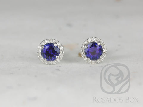 Ready to Ship Gemma 5mm 14kt White Gold Blue Sapphire and Diamonds Halo Stud Earrings - Rosados Box