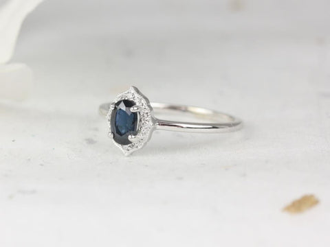 Mini Mae 6x4mm 14kt White Gold Blue Sapphire Diamond WITH Milgrain Art Deco Oval Halo Ring - Rosados Box