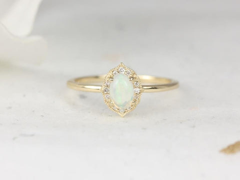 Mini Mae 6x4mm 14kt Gold Opal Diamond WITH Milgrain Unique Oval Halo Ring - Rosados Box