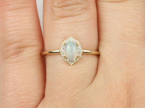 Mini Mae 6x4mm 14kt Gold Opal Diamond WITH Milgrain Unique Oval Halo Ring - Rosados Box