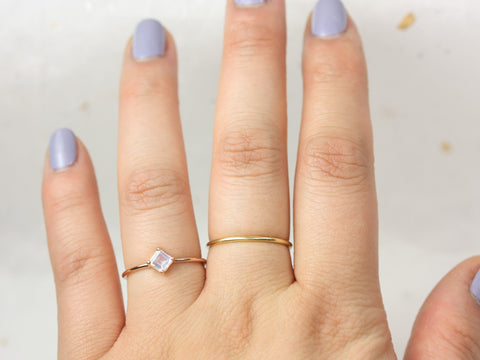 Ultra Petite Kelsey 4mm 14kt Gold Rainbow Moonstone Dainty Kite Set Stacking Ring - Rosados Box