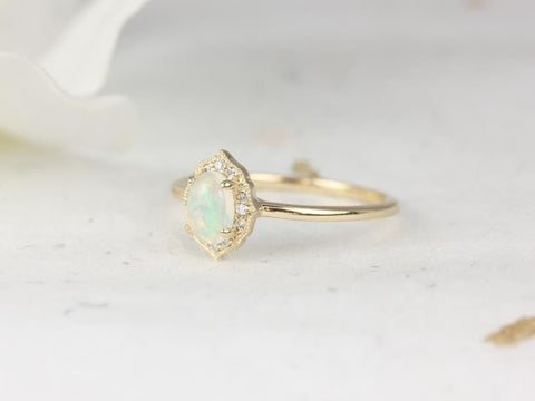 Mini Mae 6x4mm 14kt Gold Opal Diamond WITH Milgrain Unique Oval Halo Ring - Rosados Box