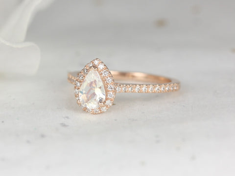 Tabitha 7x5mm 14kt Rose Gold Rainbow Moonstone Diamond Dainty Pear Halo Ring,June Birthstone,Pear Engagement Ring,Gift For Her - Rosados Box