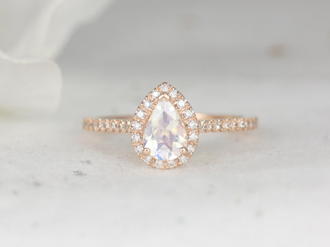 Tabitha 7x5mm 14kt Rose Gold Rainbow Moonstone Diamond Dainty Pear Halo Ring,June Birthstone,Pear Engagement Ring,Gift For Her - Rosados Box