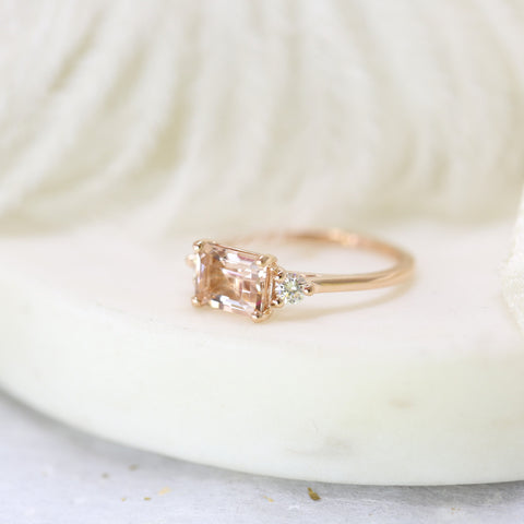 Saint 8x6mm 14kt Rose Gold Morganite Moissanite Dainty Unique East West Horizontal 3 Stone Emerald Engagement Ring - Rosados Box