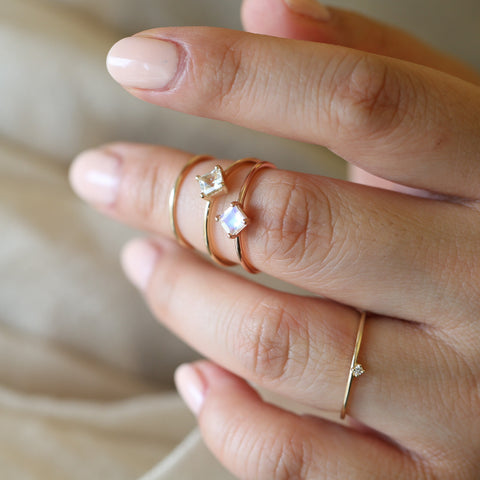 Ultra Petite Kelsey 14kt Gold White Sapphire Dainty Minimalist Princess Kite Set Stacking Ring,Pinky Ring,Gift for Her - Rosados Box