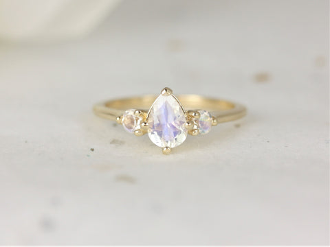 Petite Greta 7x5mm 14kt Gold Rainbow Moonstone Pear Round Three Stone Ring - Rosados Box