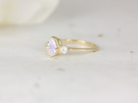 Petite Greta 7x5mm 14kt Gold Rainbow Moonstone Pear Round Three Stone Ring - Rosados Box