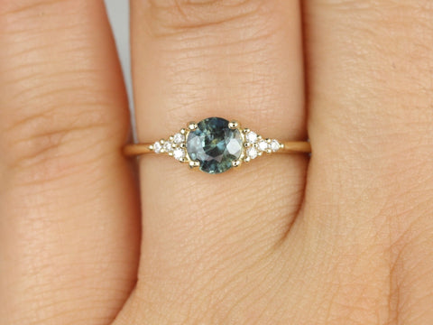 0.85ct Ready to Ship Malia 14kt Gold Ocean Teal Sapphire Diamonds Dainty 3 Stone Cluster Ring - Rosados Box