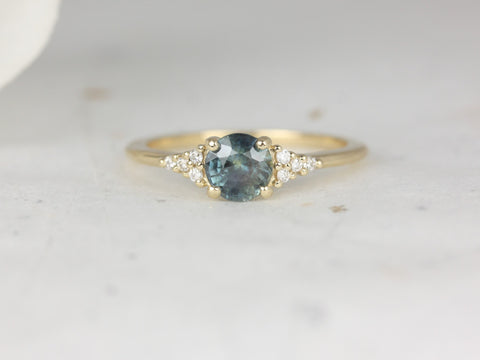 0.85ct Ready to Ship Malia 14kt Gold Ocean Teal Sapphire Diamonds Dainty 3 Stone Cluster Ring - Rosados Box