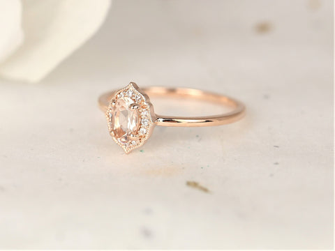 Ready to Ship Mini Mae 6x4mm 14kt Rose Gold WITH Milgrain Morganite Diamond Dainty Oval Halo Ring - Rosados Box