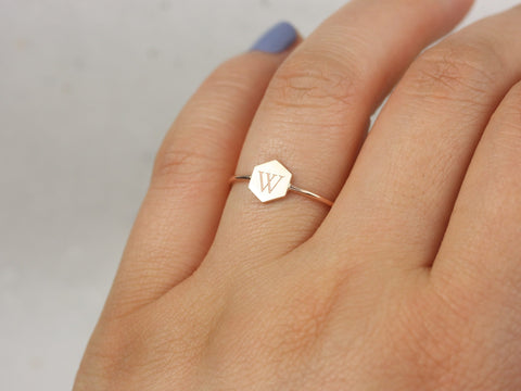 Petite Hunter 7mm 14kt Solid Gold Dainty Hexagon Letter Ring,Initial Ring,Tiny Letter Ring,Personalized Jewelry,Signet Ring,Gift For Her