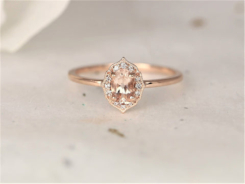 Ready to Ship Mini Mae 6x4mm 14kt Rose Gold WITH Milgrain Morganite Diamond Dainty Oval Halo Ring - Rosados Box