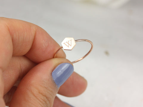 Petite Hunter 7mm 14kt Solid Gold Dainty Hexagon Letter Ring,Initial Ring,Tiny Letter Ring,Personalized Jewelry,Signet Ring,Gift For Her