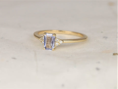 0.49ct Ready to Ship Jada 14kt Gold Cornflower Blue Sapphire Diamonds Dainty Emerald Cluster Ring - Rosados Box