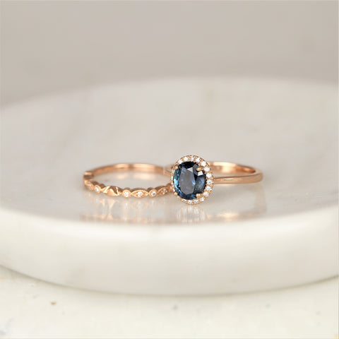 2.33ct Ready to Ship Molly & Gwen 14kt Rose Gold Ocean Blue Teal Sapphire Diamond Art Deco Oval Halo Bridal Set - Rosados Box