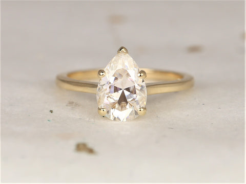 2ct Dallas 10x7mm 14kt Gold Moissanite Minimalist Dainty Pear Solitaire Ring - Rosados Box