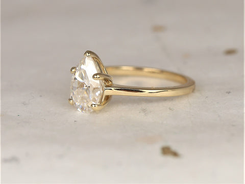 2ct Dallas 10x7mm 14kt Gold Moissanite Minimalist Dainty Pear Solitaire Ring - Rosados Box