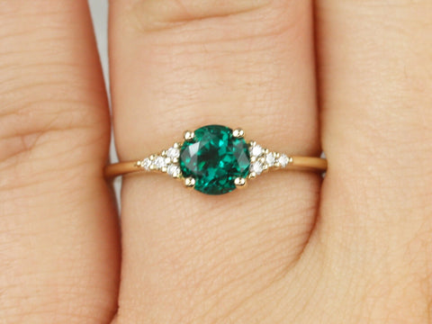 Malia 6mm 14kt Gold Green Emerald Diamond Art Deco Dainty 3 Stone Round Cluster Ring,May Birthstone,Anniversary Gift