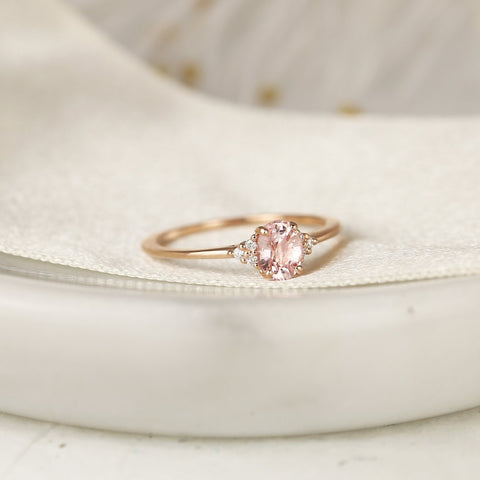 0.69ct Ready to Ship Juniper 14kt Rose Gold Peach Sapphire Diamond Dainty Oval Cluster Ring - Rosados Box