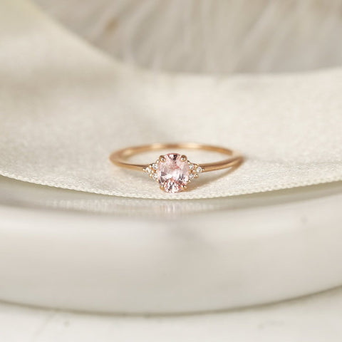 0.69ct Ready to Ship Juniper 14kt Rose Gold Peach Sapphire Diamond Dainty Oval Cluster Ring - Rosados Box