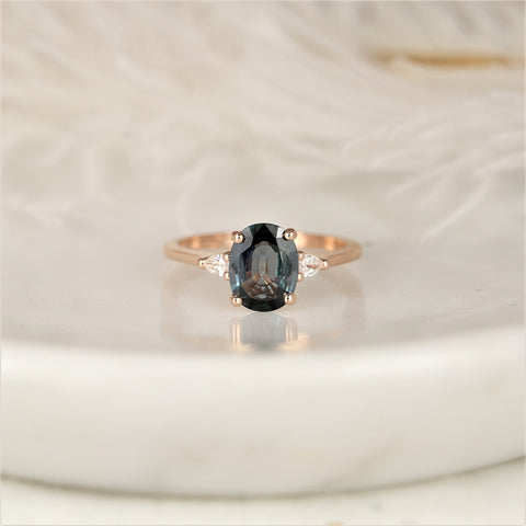 1.58cts Ready to Ship Petite Emery 14kt Rose Gold Ocean Blue Teal Sapphire Diamond Pear Three Stone Oval Ring - Rosados Box