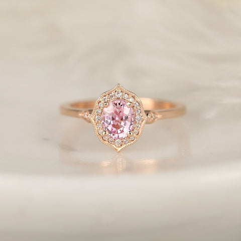 0.92ct Ready to Ship Mae 14kt Rose Gold  Peach Blush Champagne Sapphire Diamond Oval Halo Ring - Rosados Box