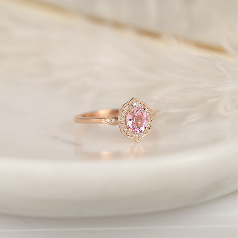 0.92ct Ready to Ship Mae 14kt Rose Gold  Peach Blush Champagne Sapphire Diamond Oval Halo Ring - Rosados Box