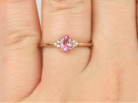 Juniper 6x4mm 14kt Gold Pink Sapphire Diamonds Dainty Oval Cluster Ring - Rosados Box