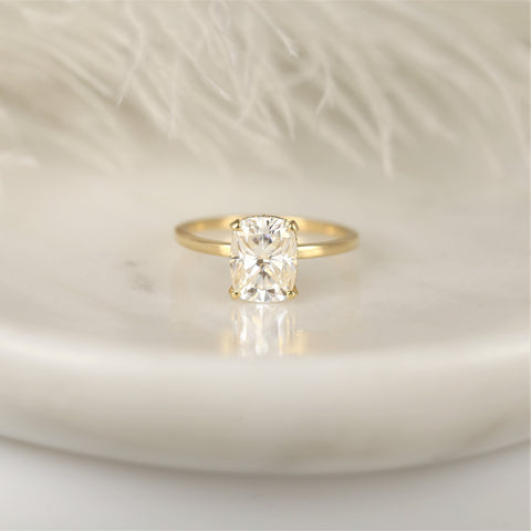 2.30ct LOW Tansy 9x7mm 14kt Gold Moissanite Diamond Cushion Hidden Halo Ring - Rosados Box