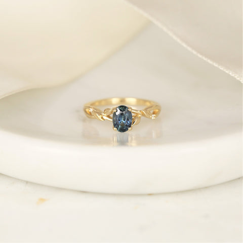 1.30ct Ready to Ship Fern 14kt Gold Deep Ocean Teal Sapphire Diamond Leaf Crossover Oval Solitaire Ring - Rosados Box