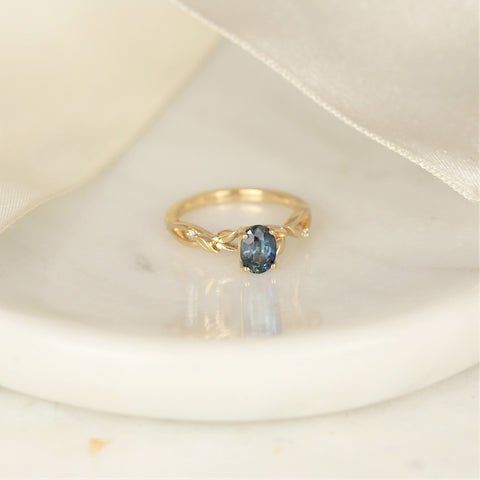 1.30ct Ready to Ship Fern 14kt Gold Deep Ocean Teal Sapphire Diamond Leaf Crossover Oval Solitaire Ring - Rosados Box